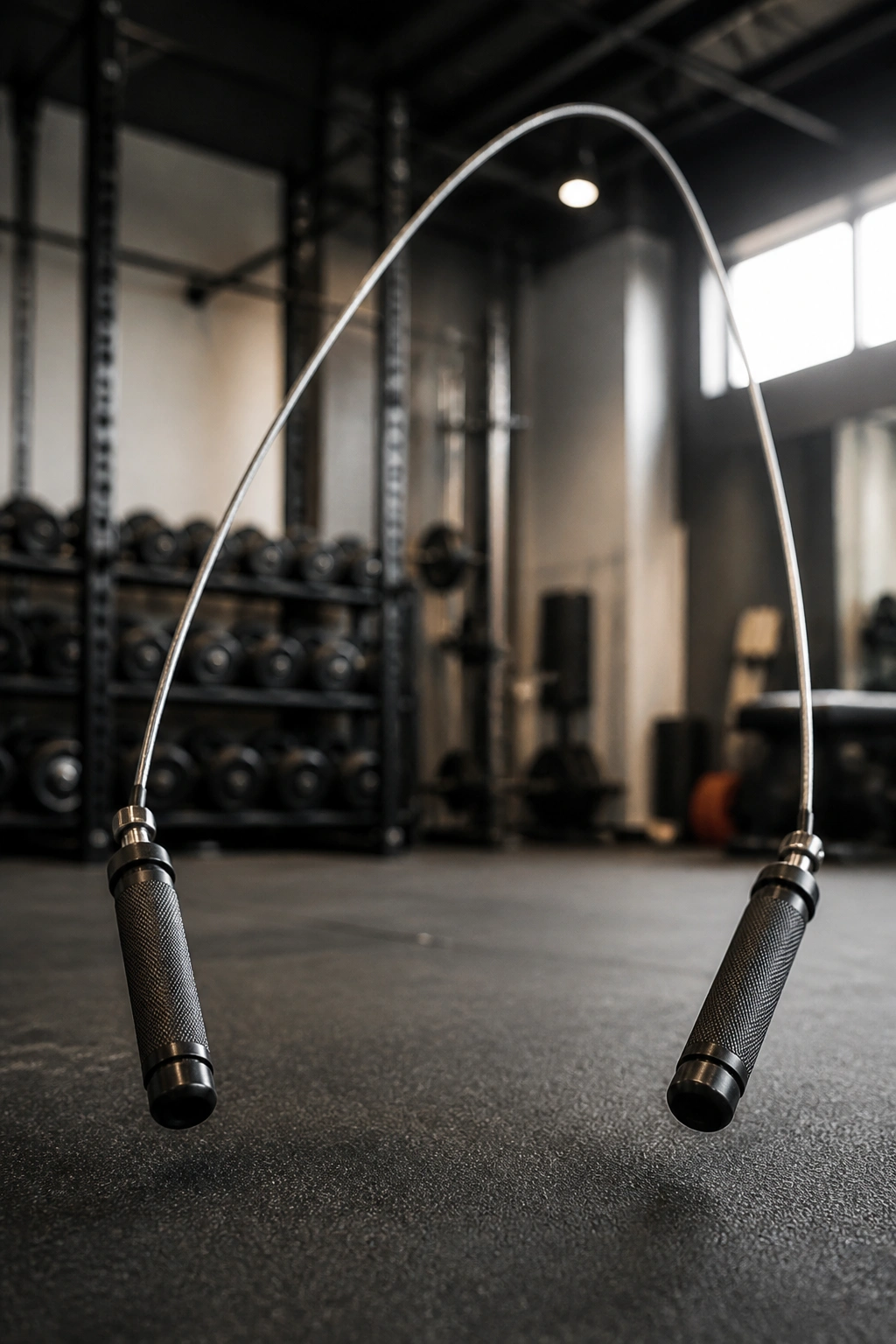 Close-up of a jump rope mid-air with handles visible in a gym