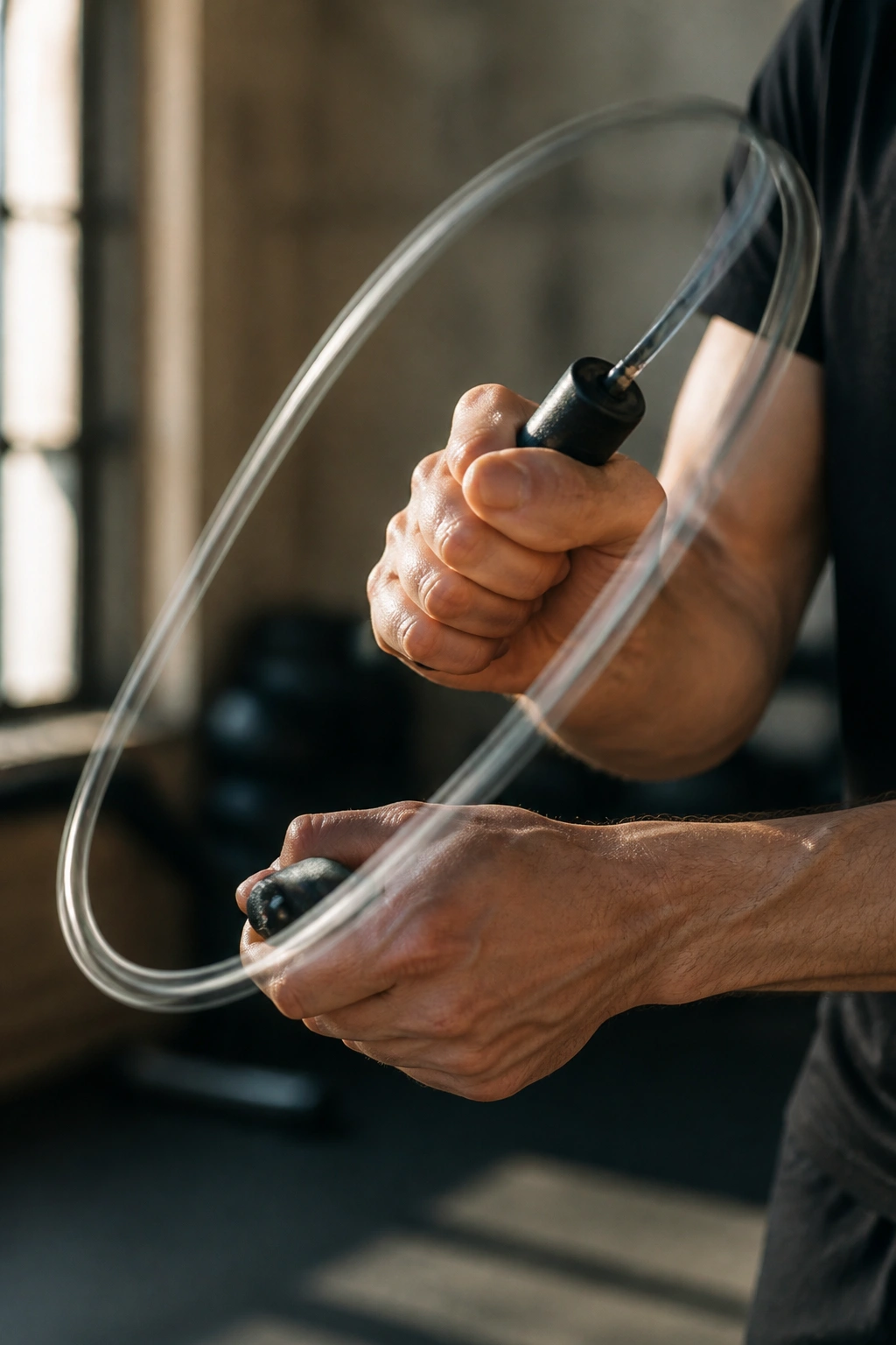 Close-up of hands and jump rope in rapid motion during HIIT in a gym