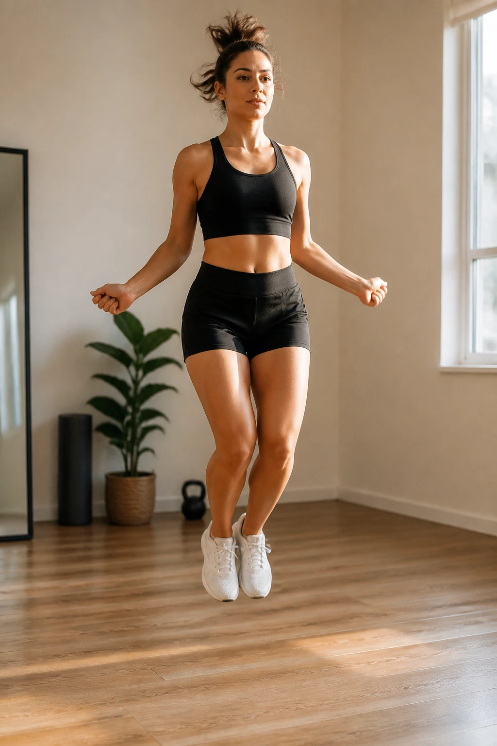 Person jumping with imaginary rope in a home gym space.