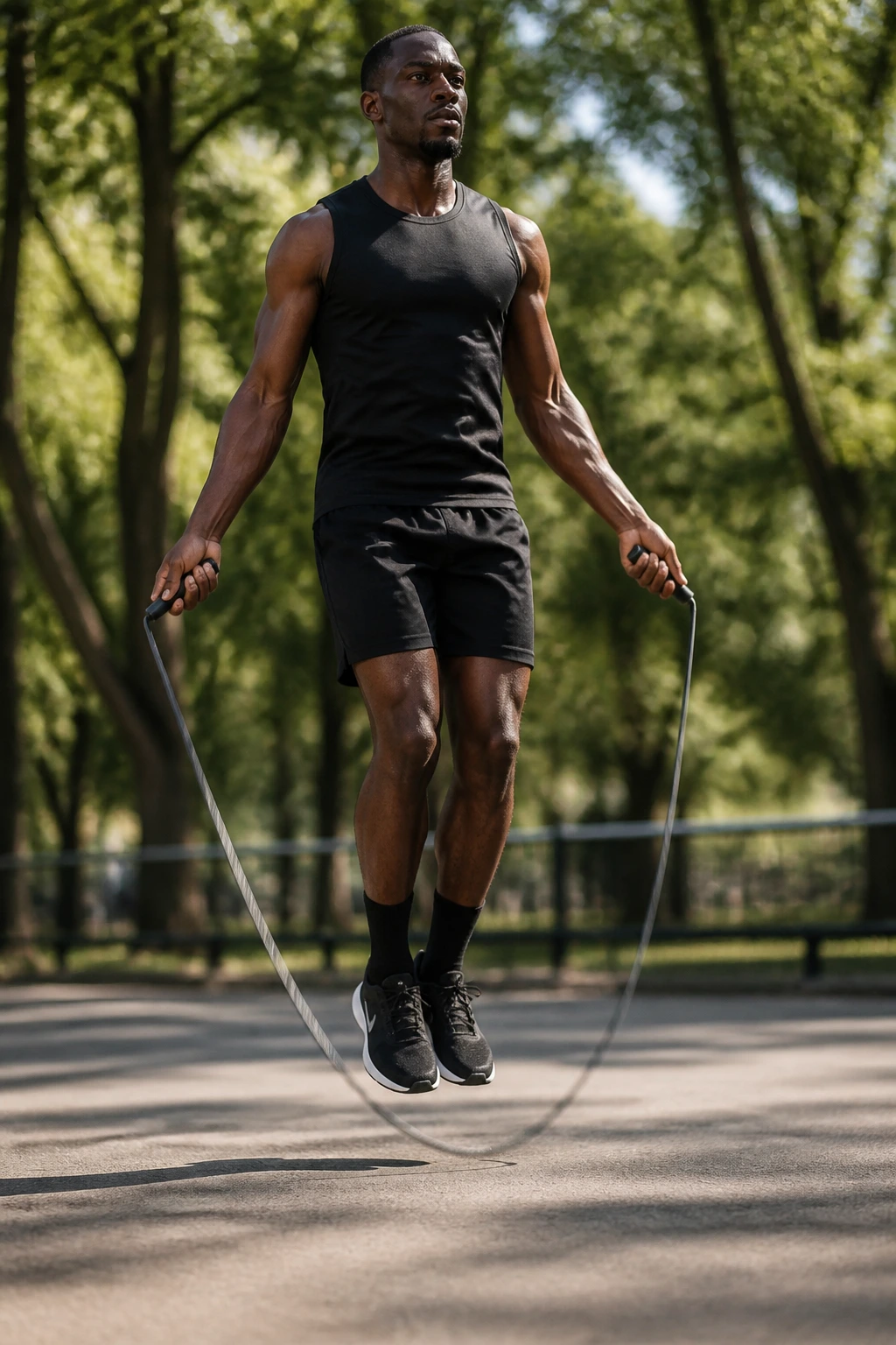 Person jumping rope in an outdoor setting