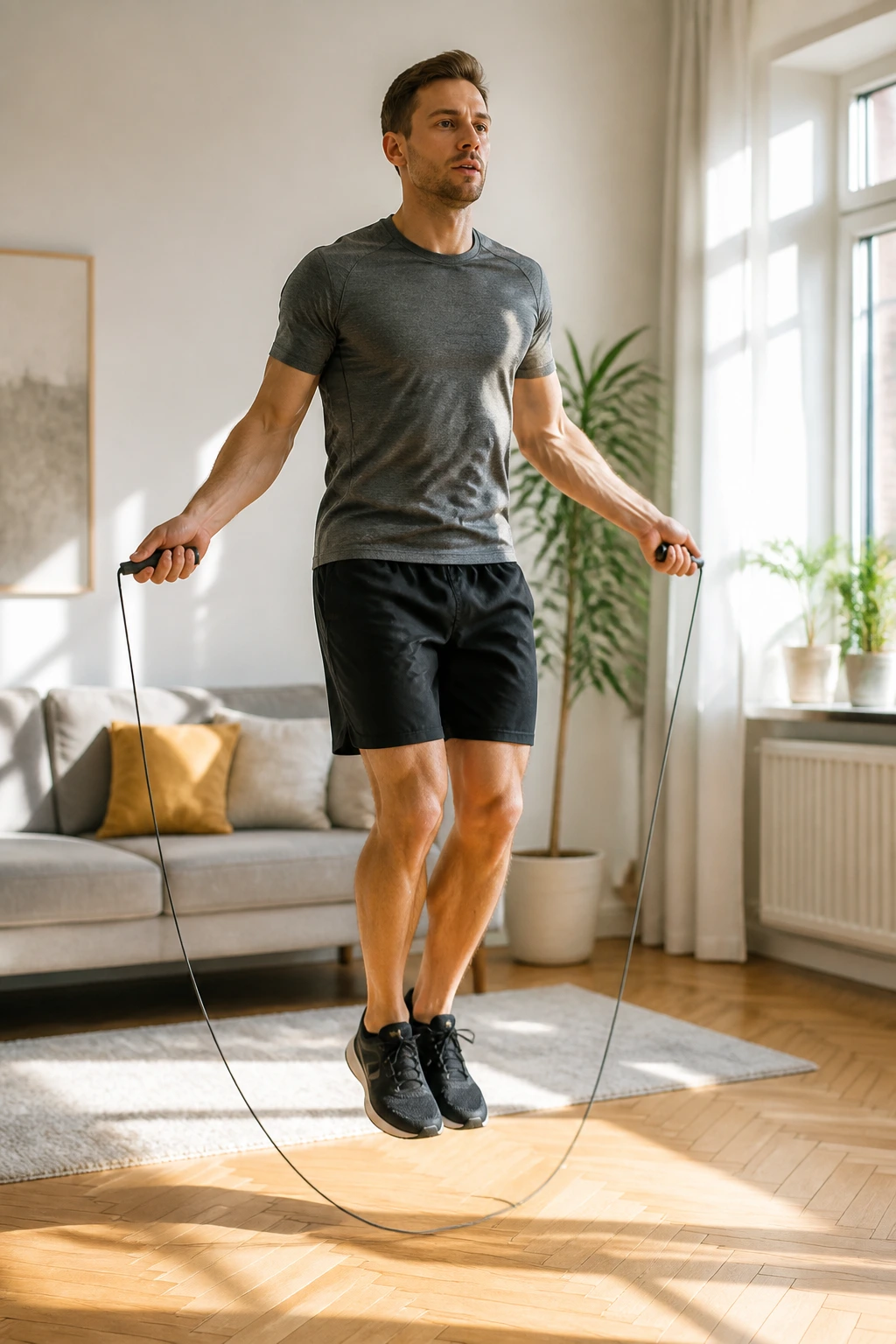 Person jumping rope in a bright living room