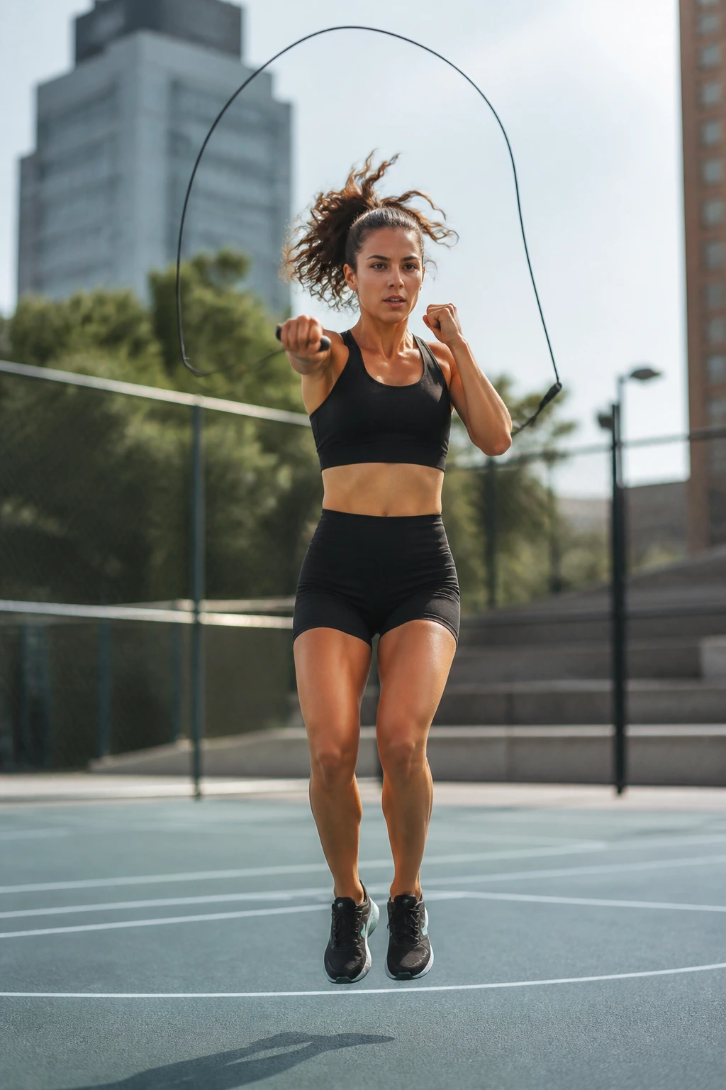 Athlete jumping rope with arms ready for jab-cross in a bright training environment.