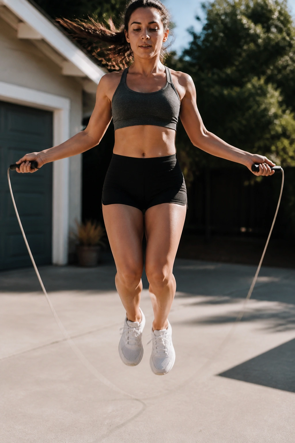 Person jumping rope in outdoor/indoor space; rope blurred in motion.