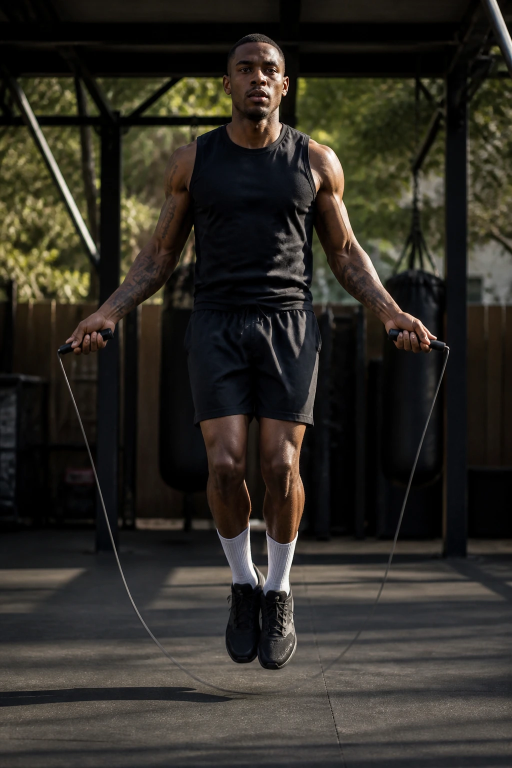 Athlete jump-roping in an outdoor training area with focused rhythm