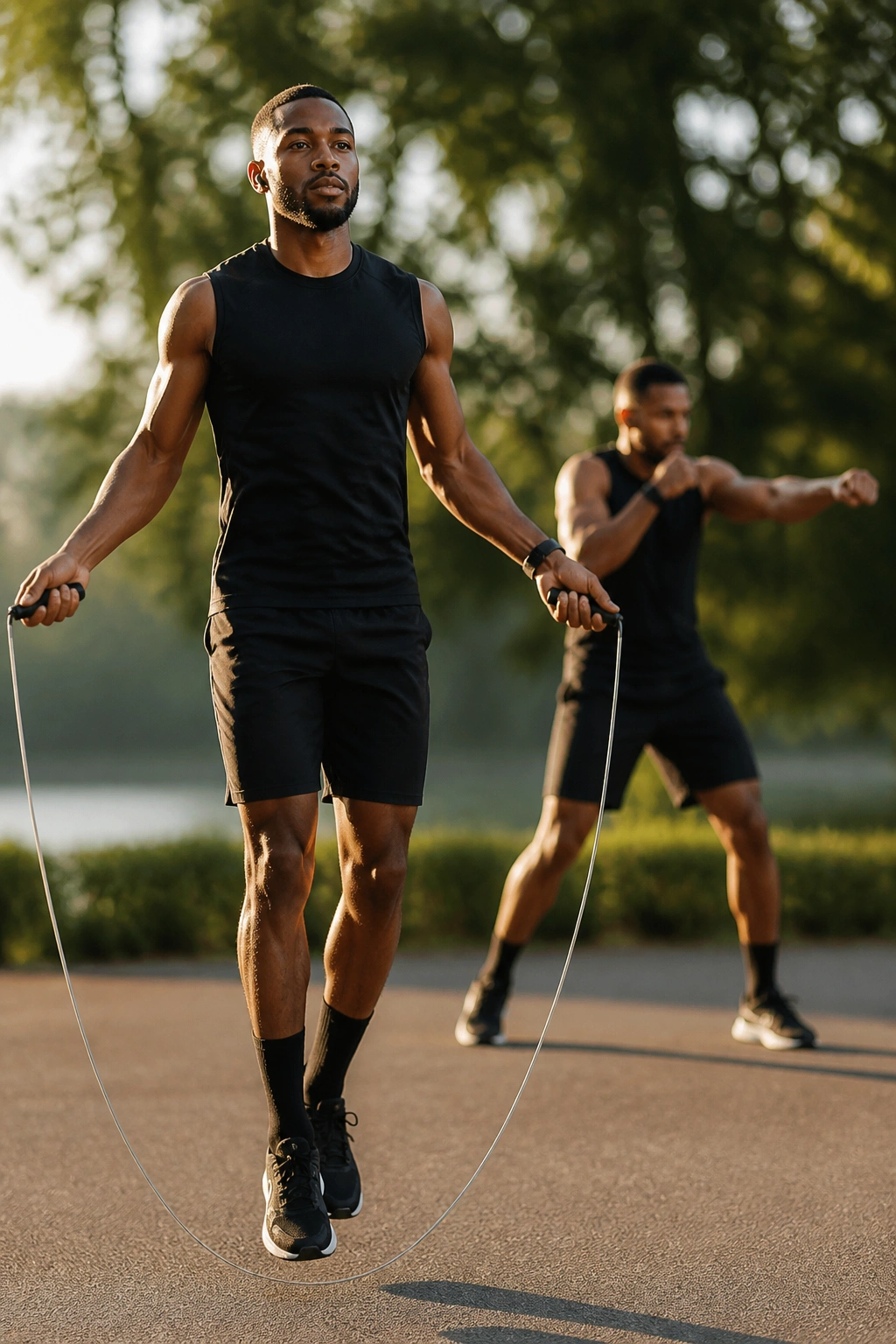 Person jump-roping with shadow boxing in outdoor setting