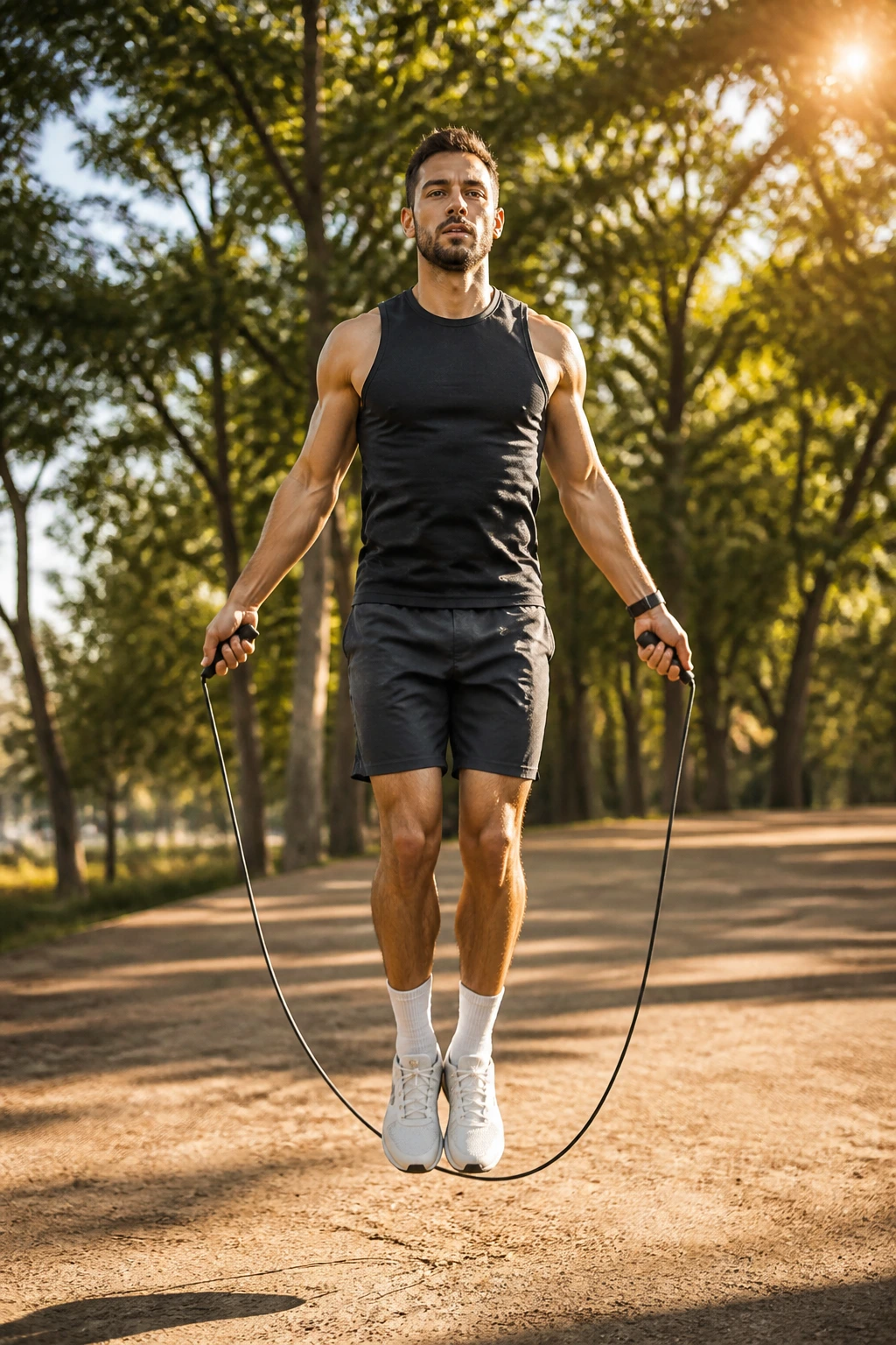 Athlete jumping rope in a park during a warm-up