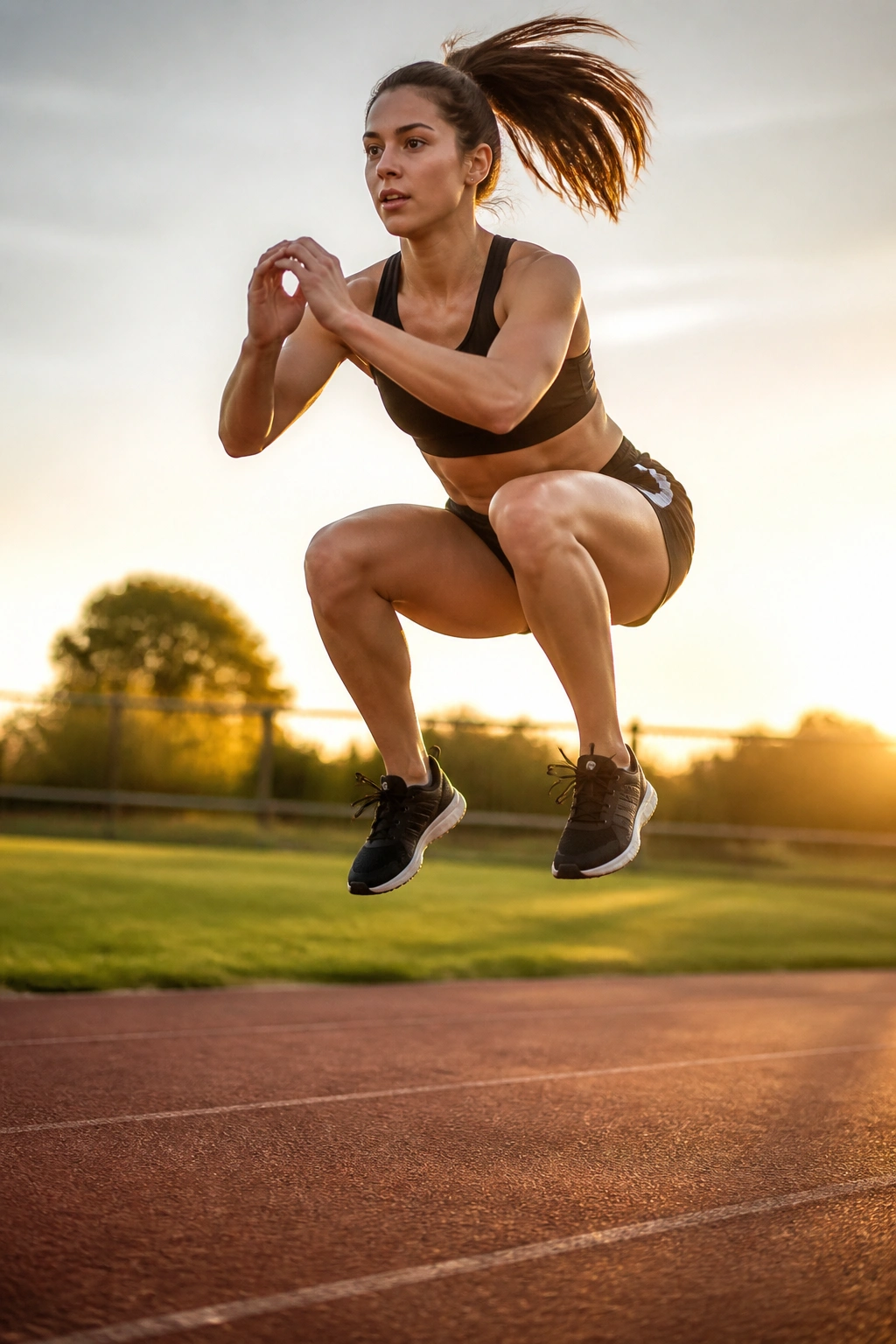 Real athlete performing jump squat on outdoor track during golden hour