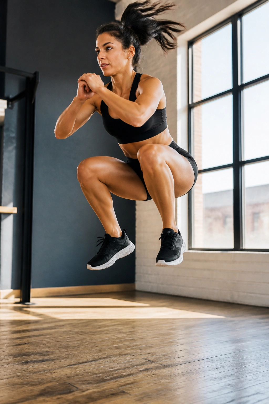 Athlete in mid-air performing jump squat with explosive leg drive