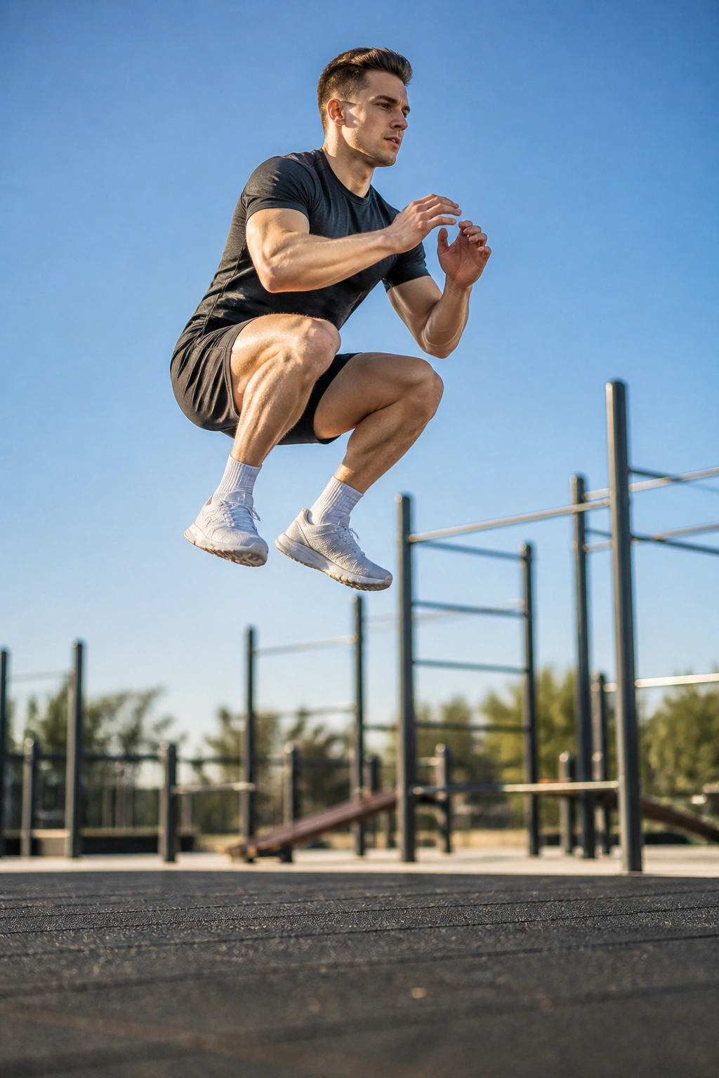 Real person performing a jump squat mid-air with explosive height