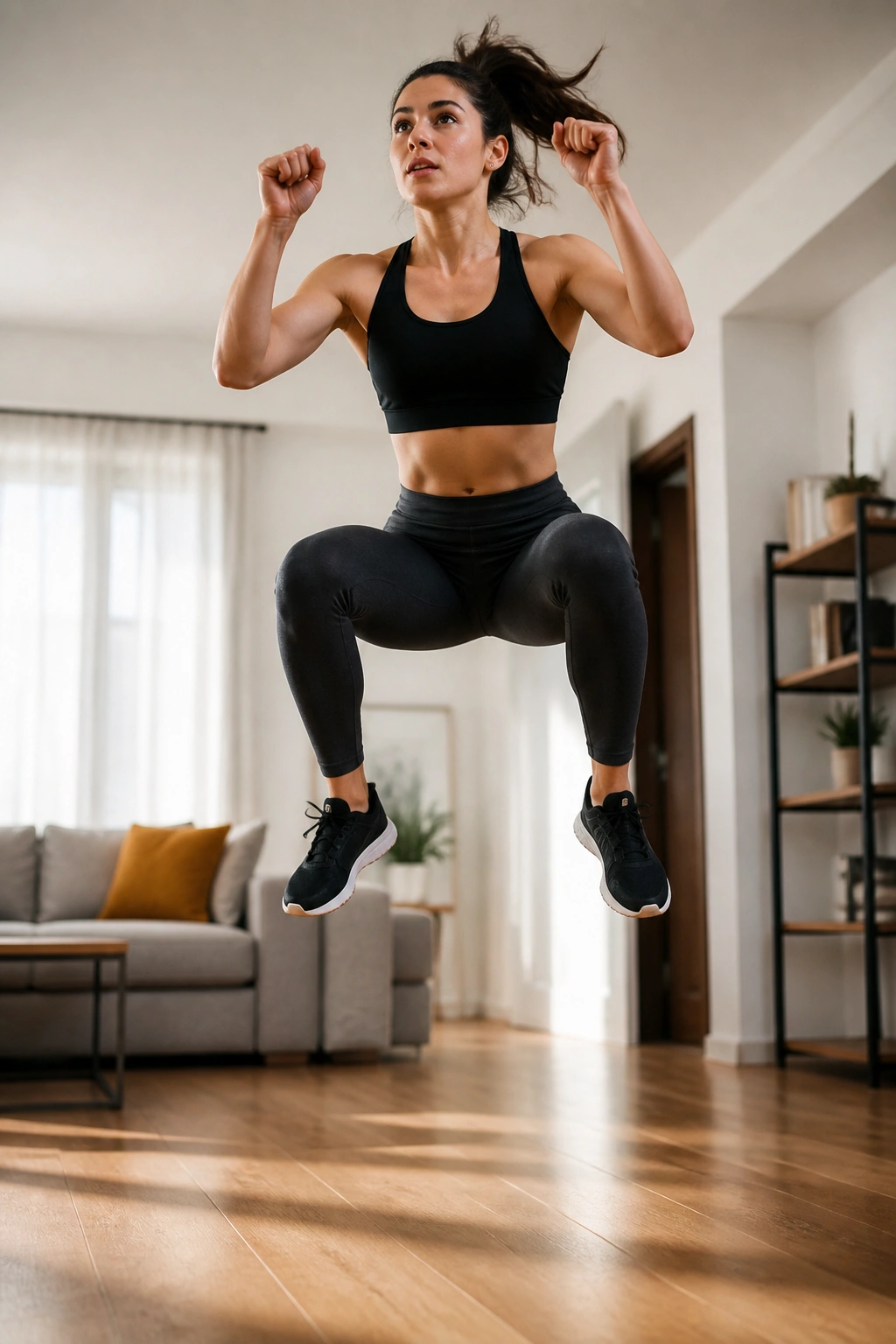 Real woman performing a jump squat in a home living space