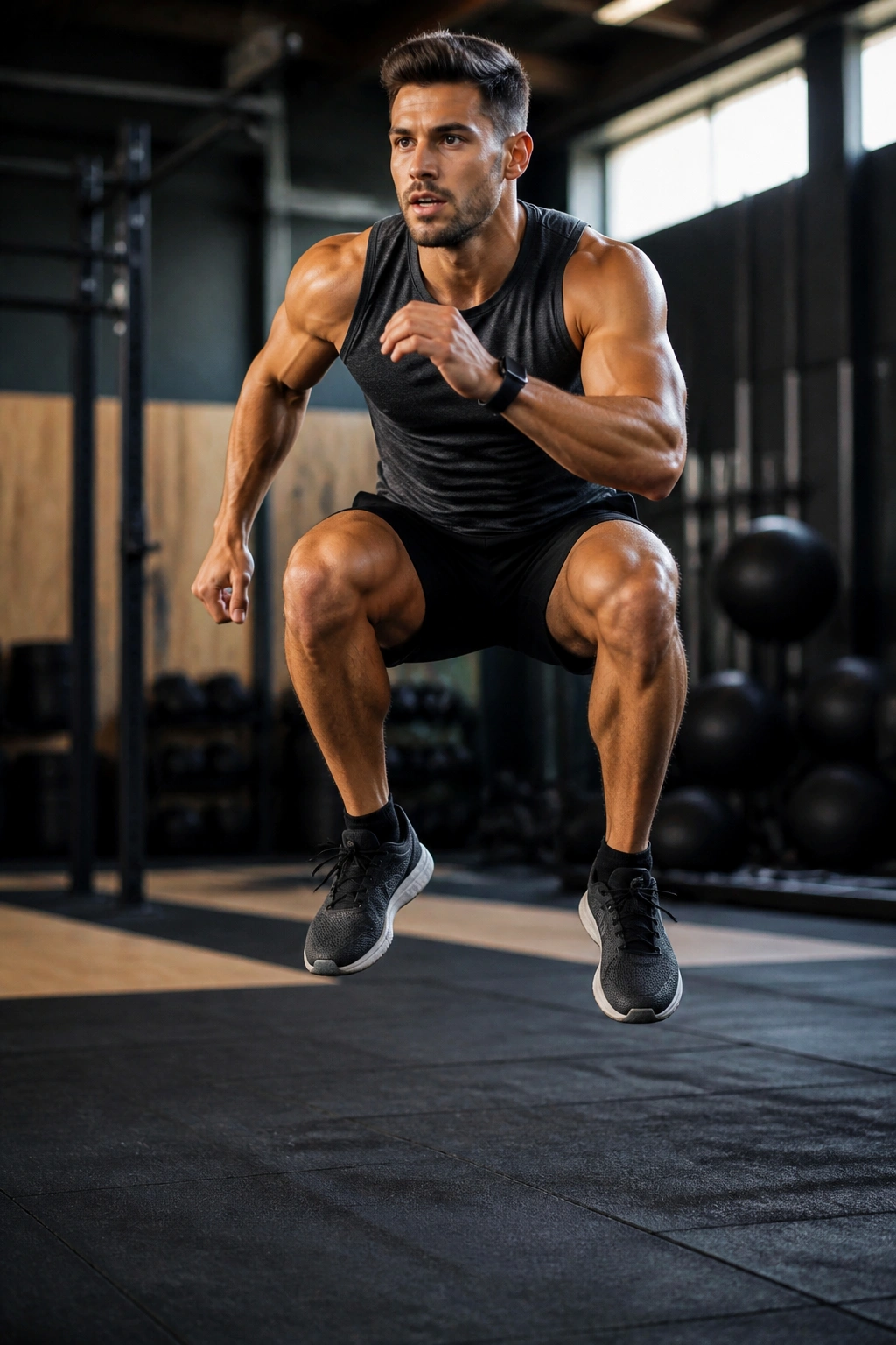 Athlete performing jump squat during leg conditioning circuit