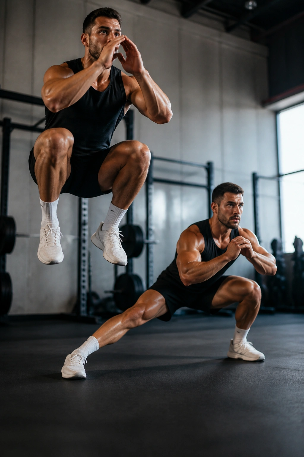 Athlete performing jump squat and lateral lunge in a gym