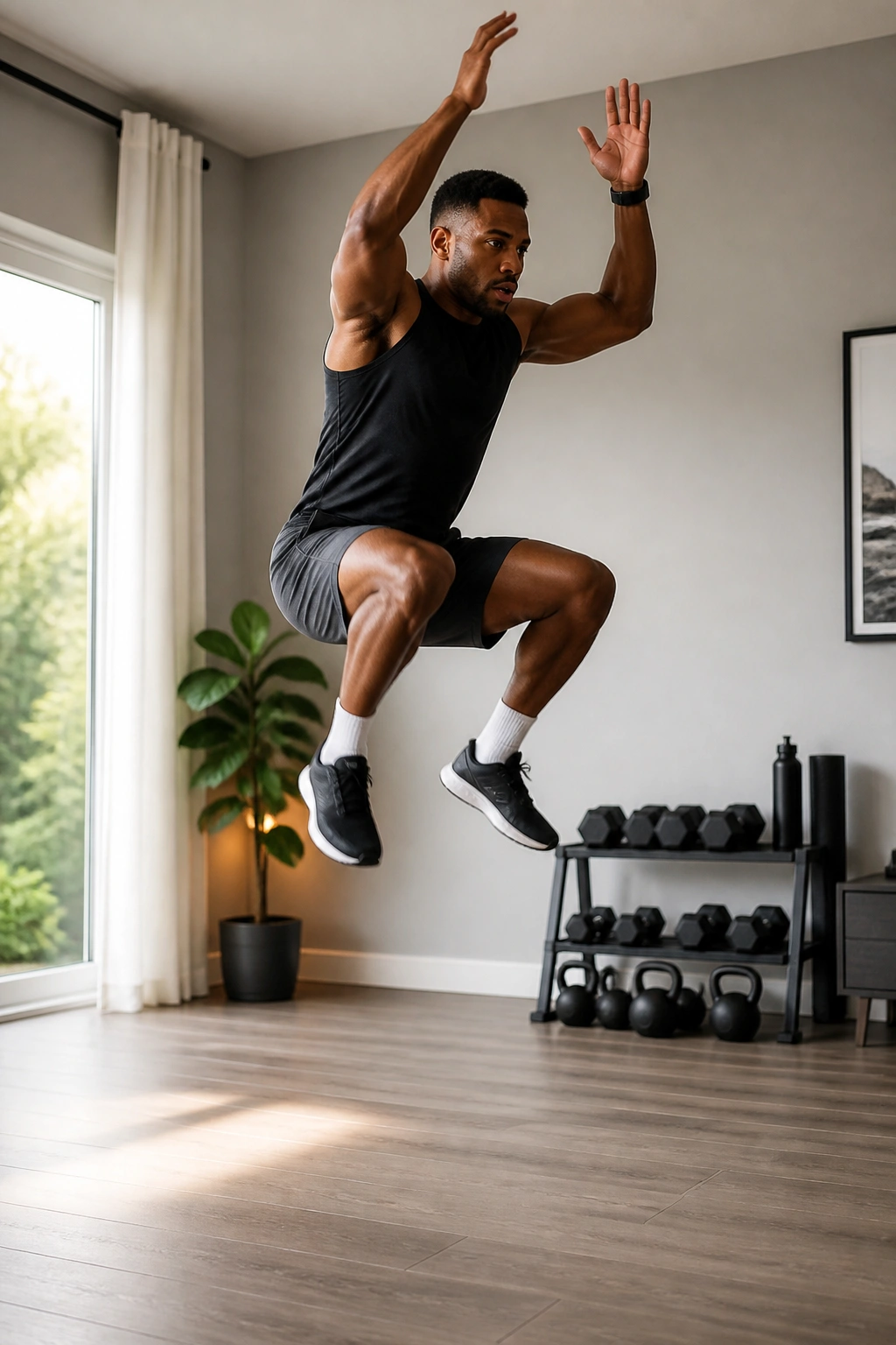 Person performing explosive jump squat in open home space