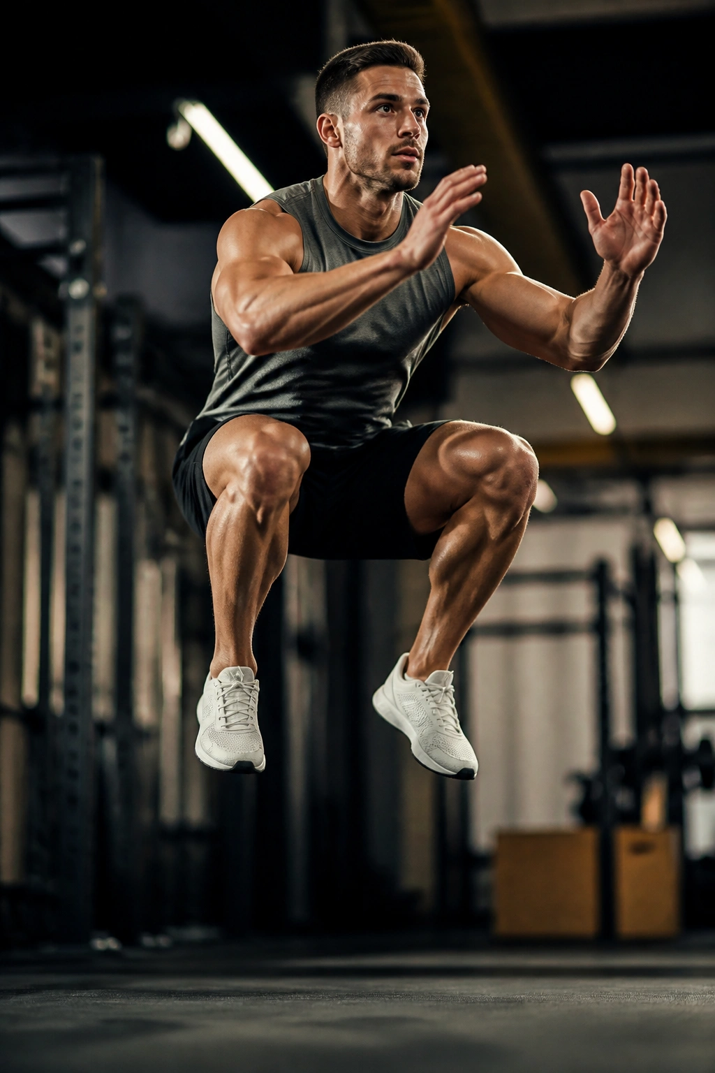 Person performing a jump squat mid-air in gym