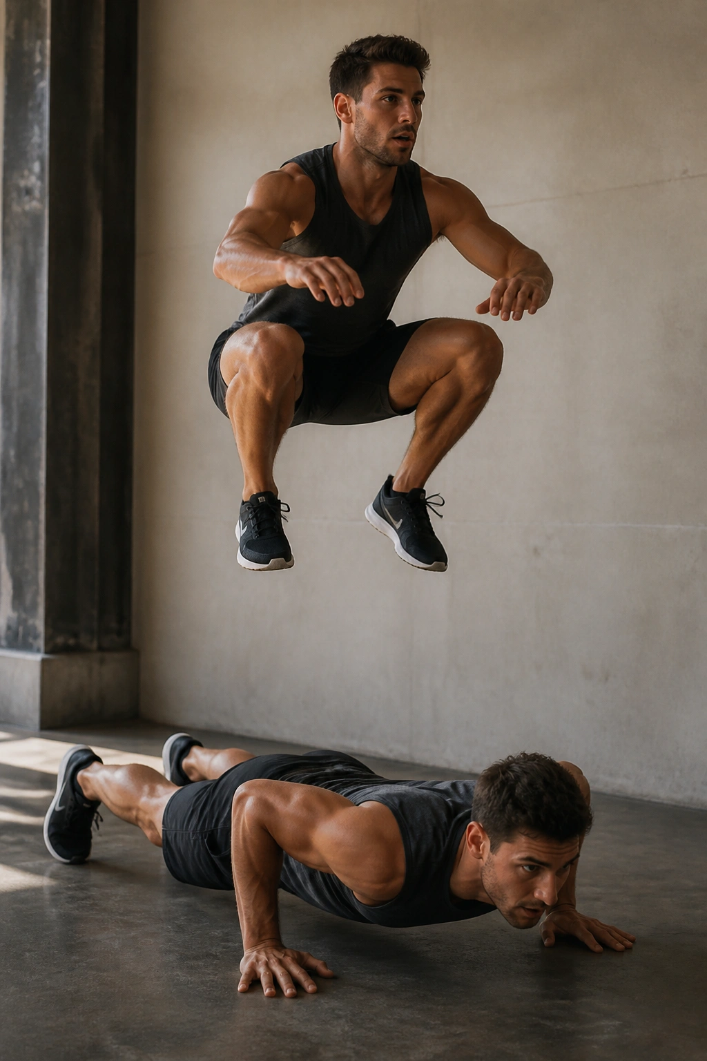 Athlete performing jump squat in a small workout space