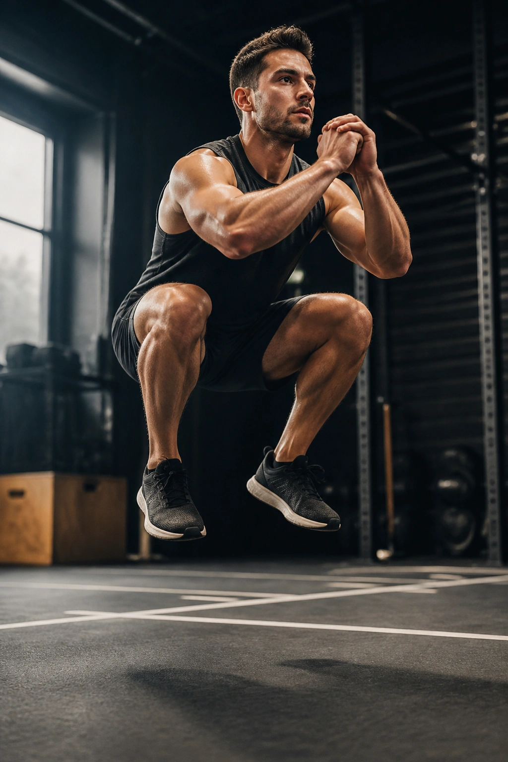Athlete performing jump squat in gym during superset