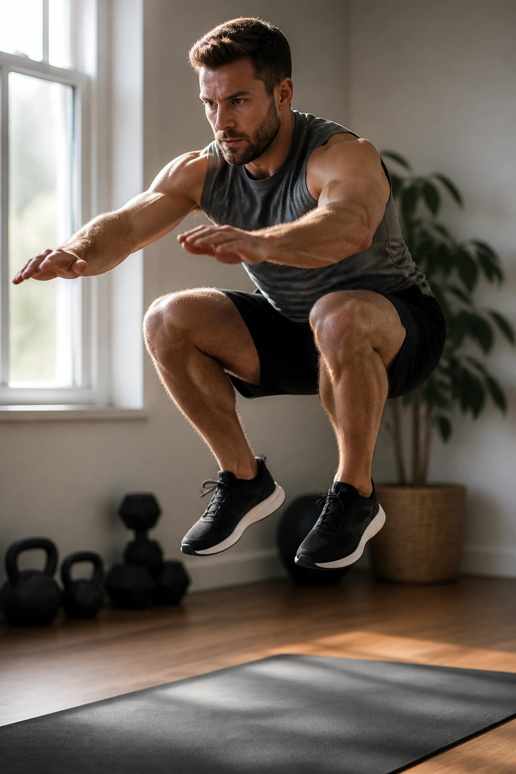 Athlete performing jump squat in home gym showing squat-lunge-jump conditioning