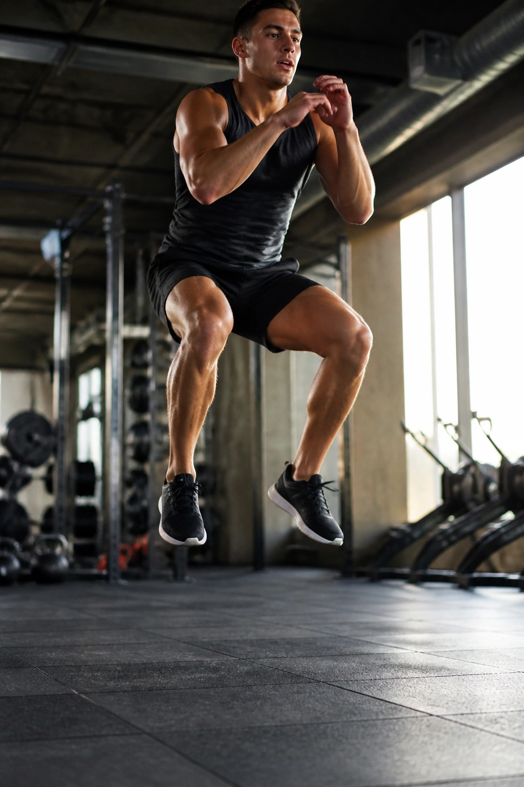 Athlete mid-air performing jump squat in gym