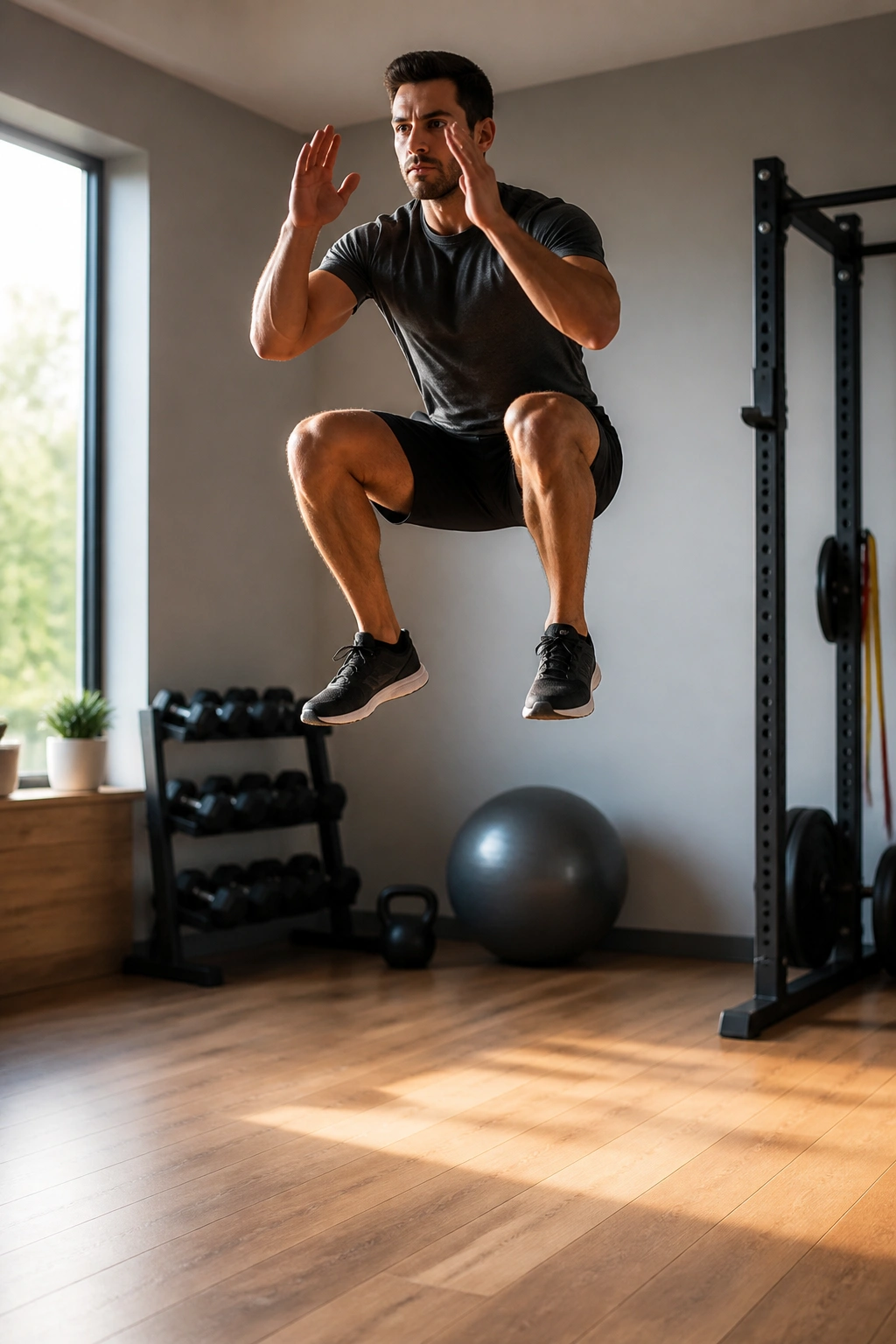 Person mid-air performing a jump squat in a bright home gym.