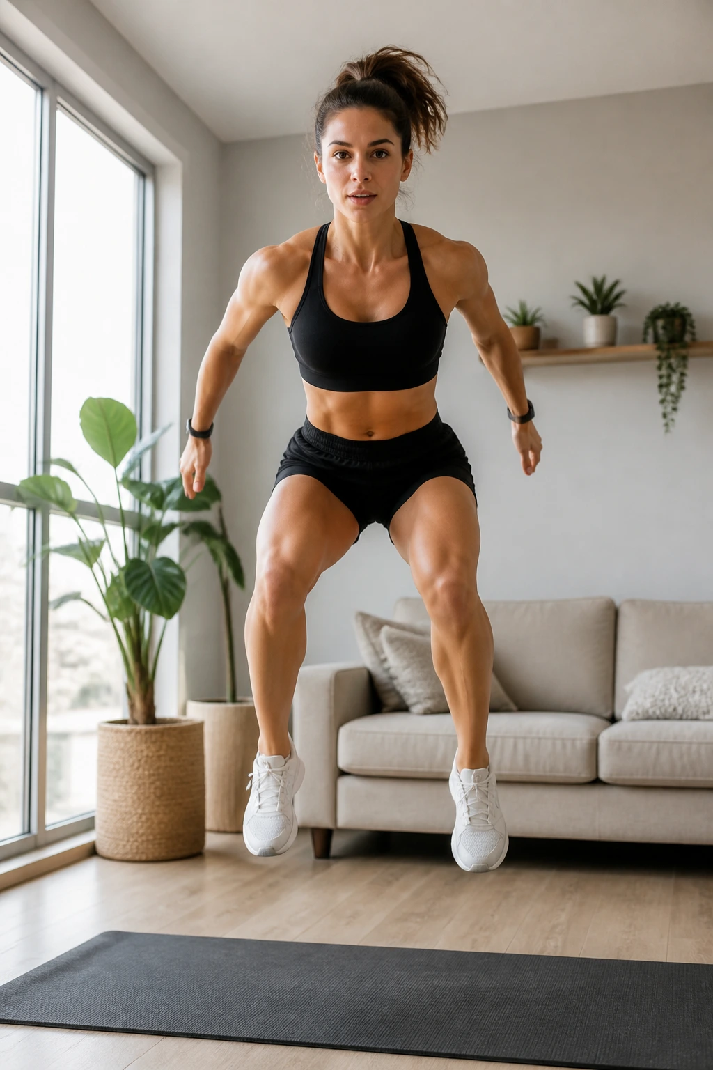 Real person performing jump squat in mid-air for explosive leg power