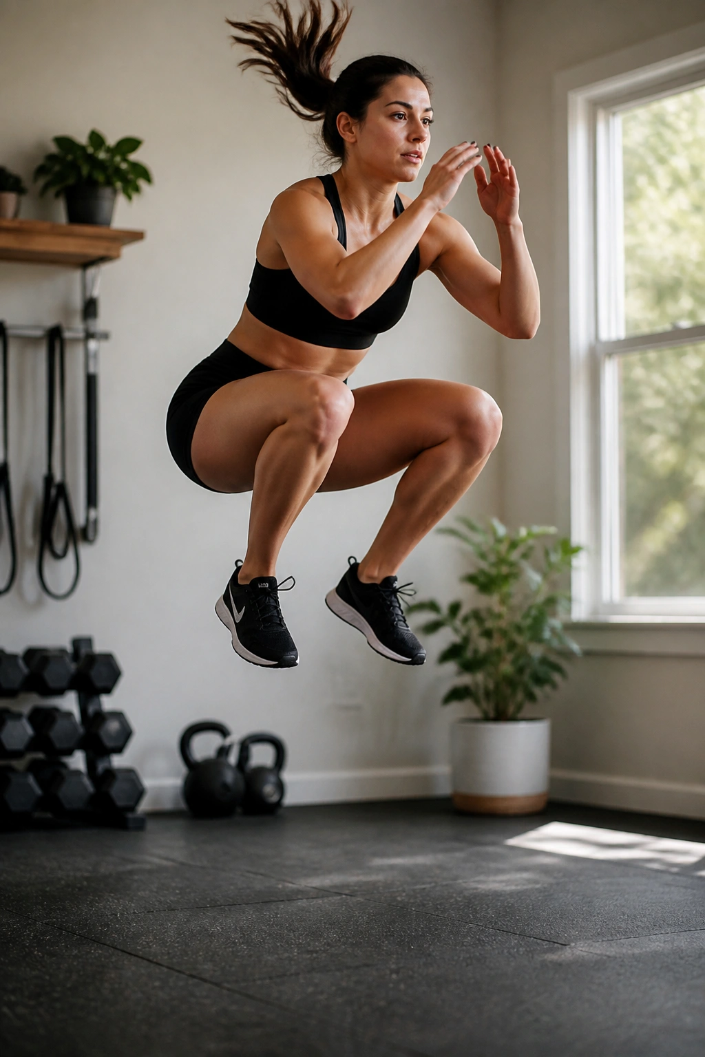 Woman performing a jump squat mid-air indoors