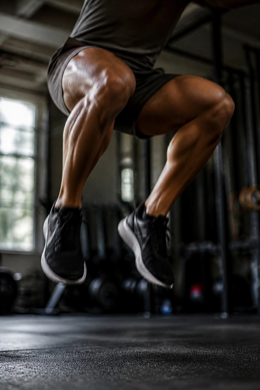Close-up of a real athlete's legs in mid-air during a jump squat
