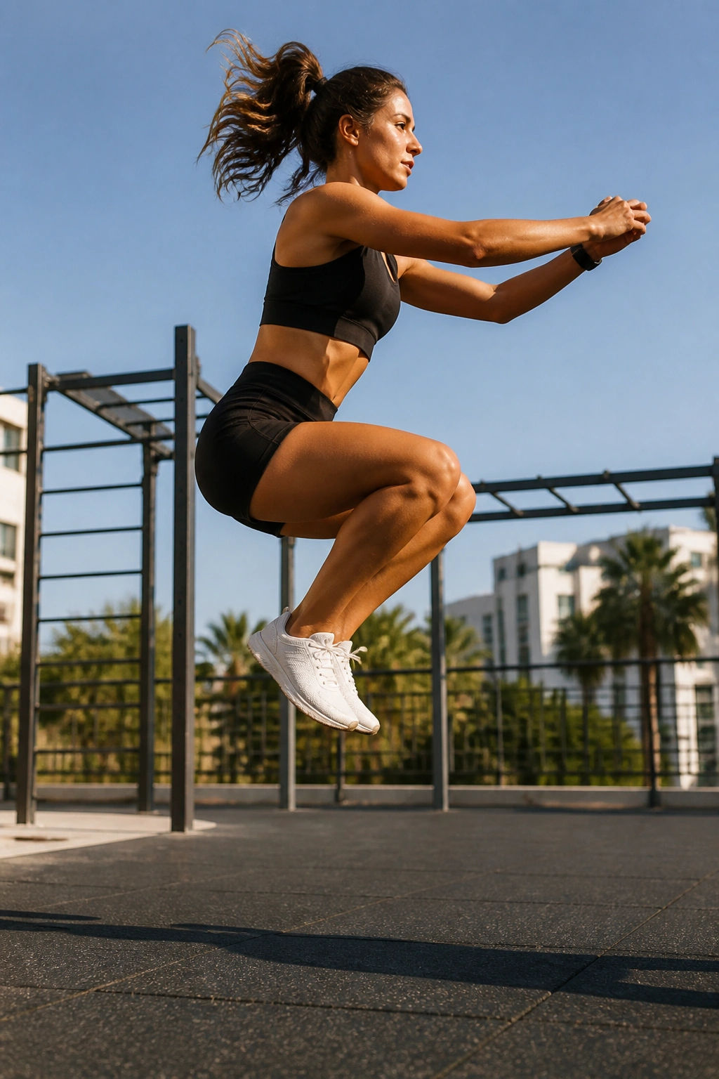 Real person performing a jump squat in mid-air outdoors