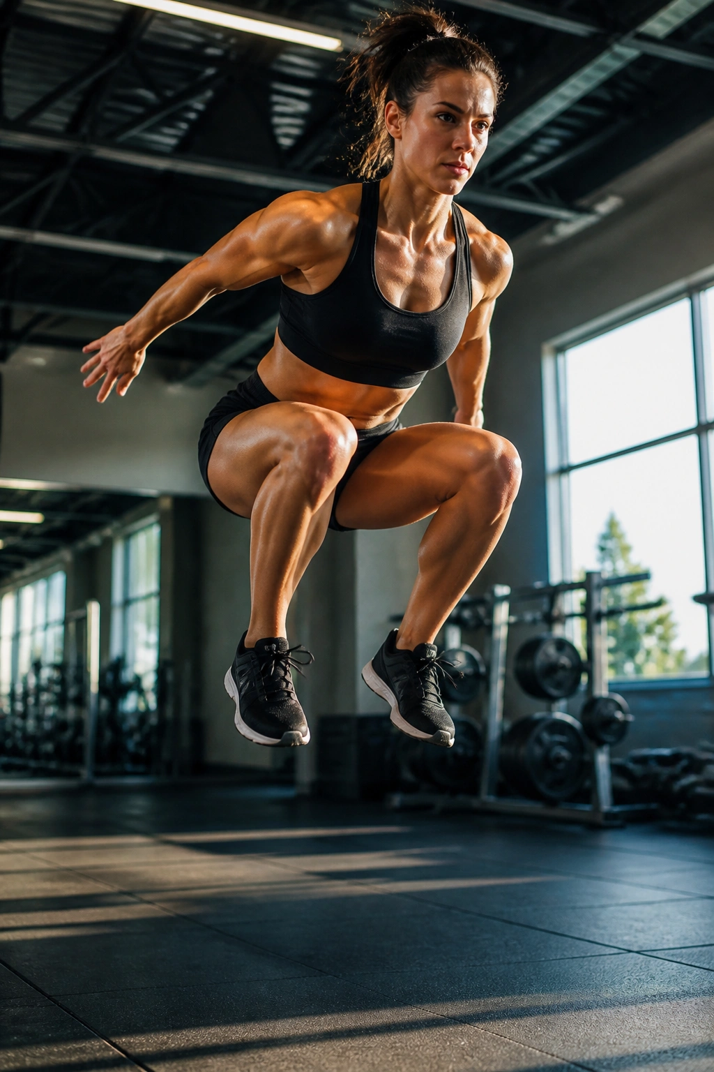 Athlete performing jump squat mid-air in gym