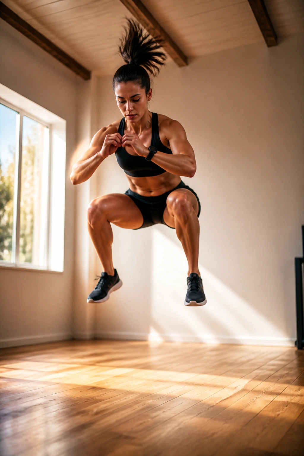 Real person performing jump squats in a home gym