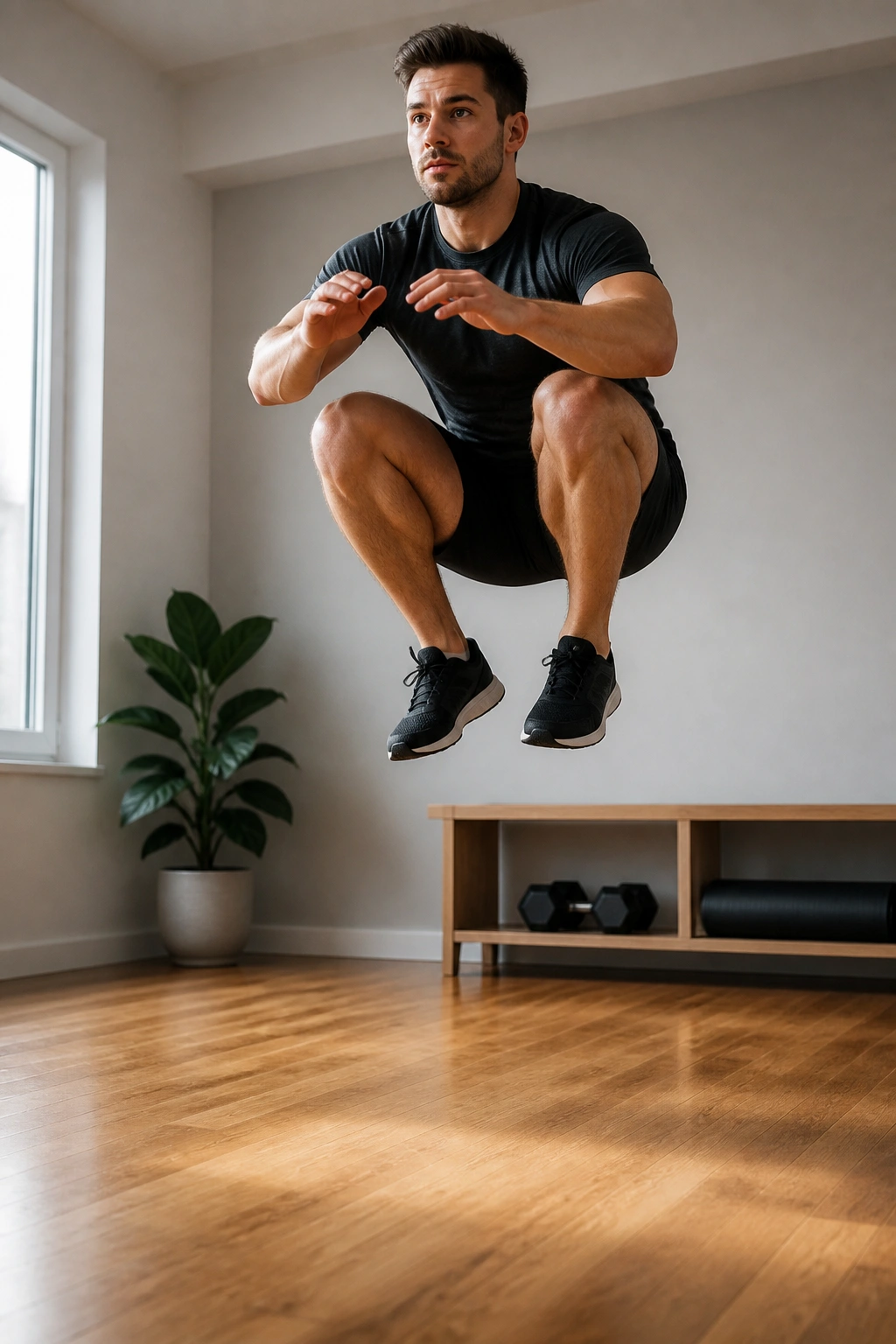 Real person performing jump squat mid-air in a home setting.