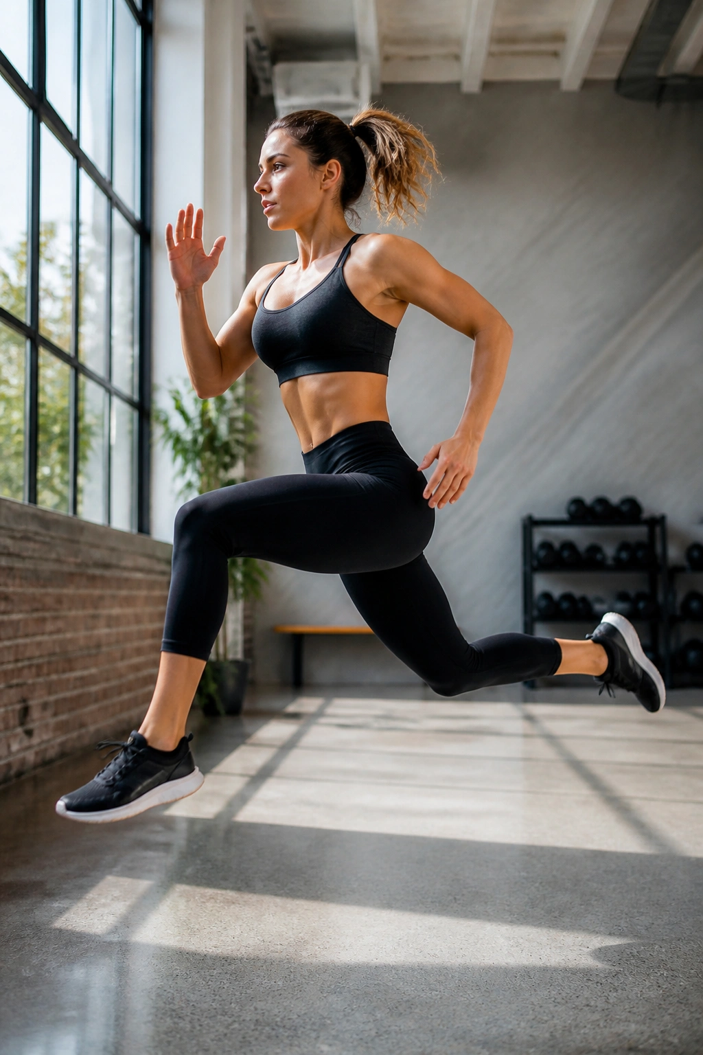 Person mid-air performing jump-switch lunge in a bright gym