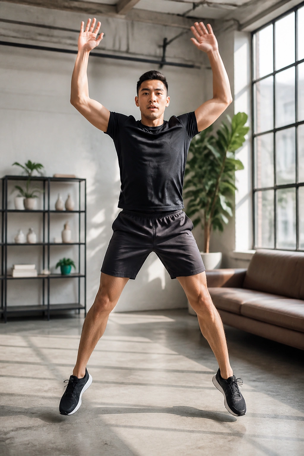 Real person performing a jumping jack with arms overhead and legs spread