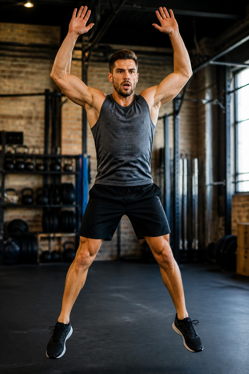 Athlete performing jumping jacks and squat thrusts in a pyramid sequence
