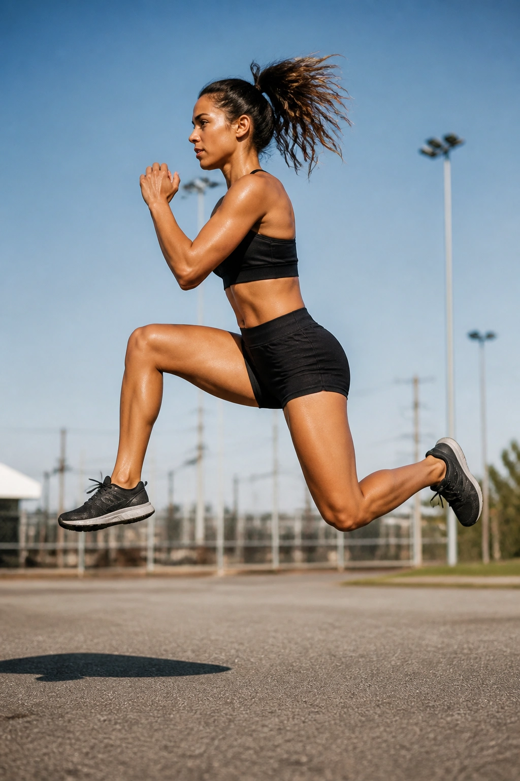 Athlete performing jumping lunge mid-air with soft landing in a bright gym