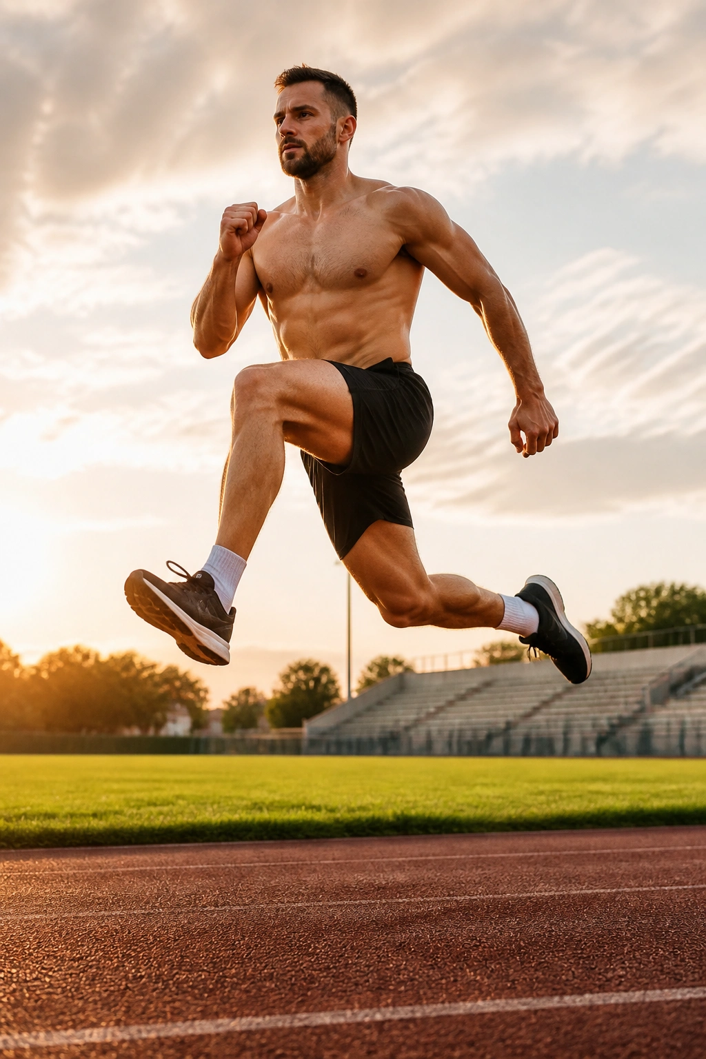 Jumping lunges mid-air on outdoor track with golden hour light