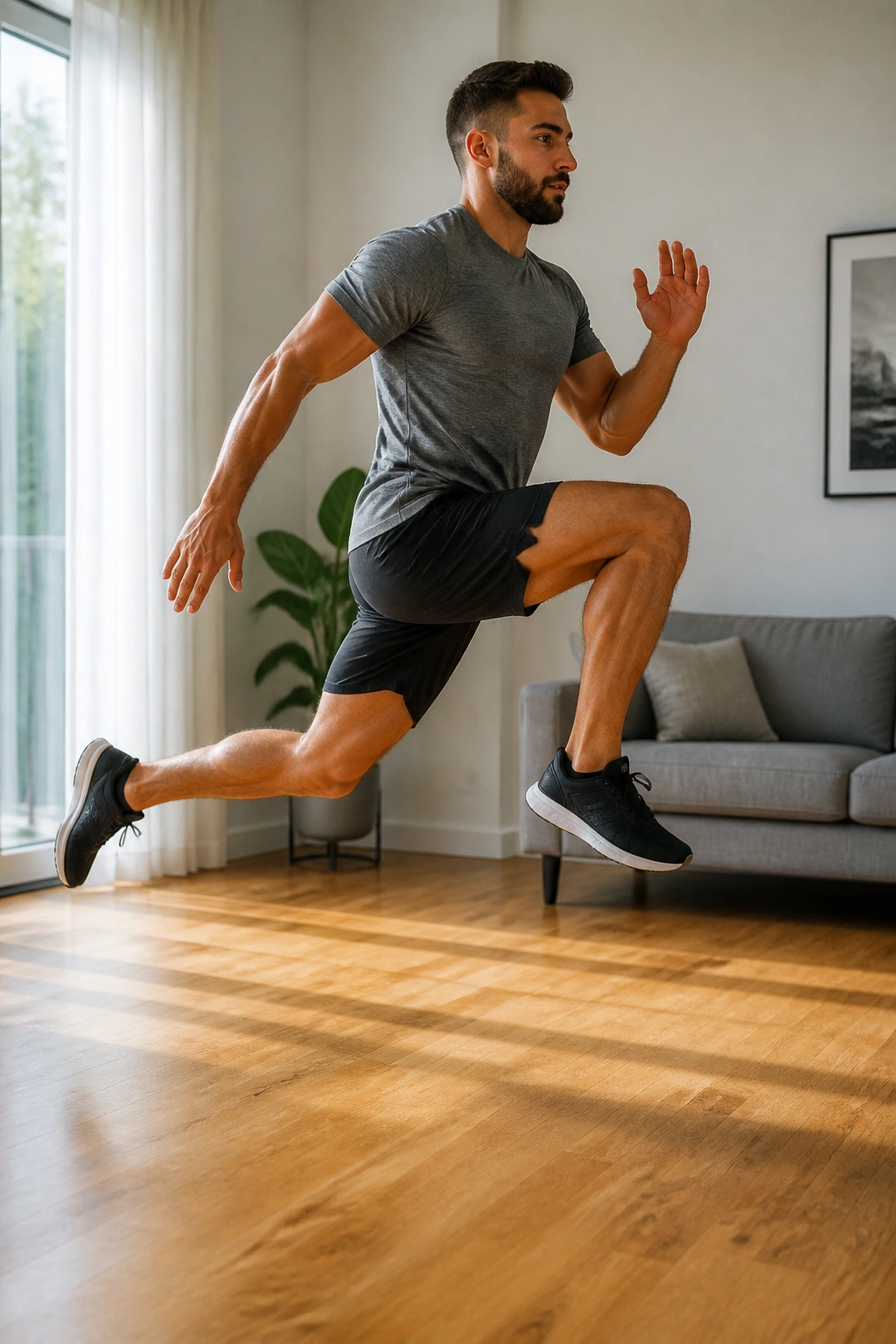 Person performing jumping lunges mid-air in a bright living room