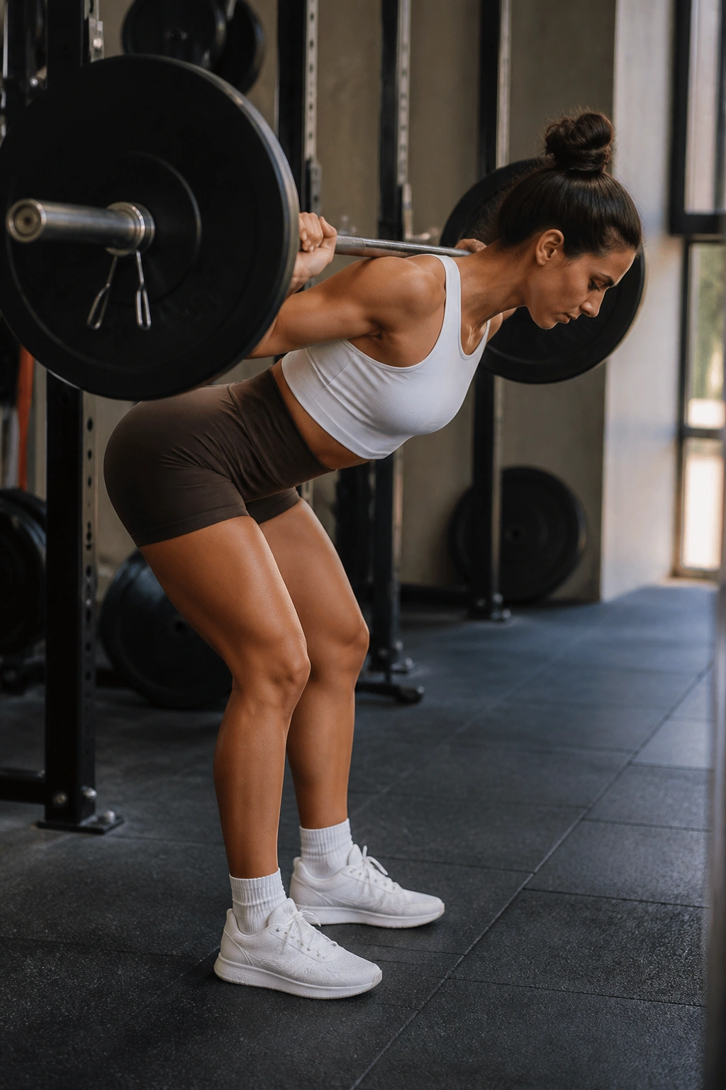 Athlete performing Kang squat hinge with bar on back in gym setting