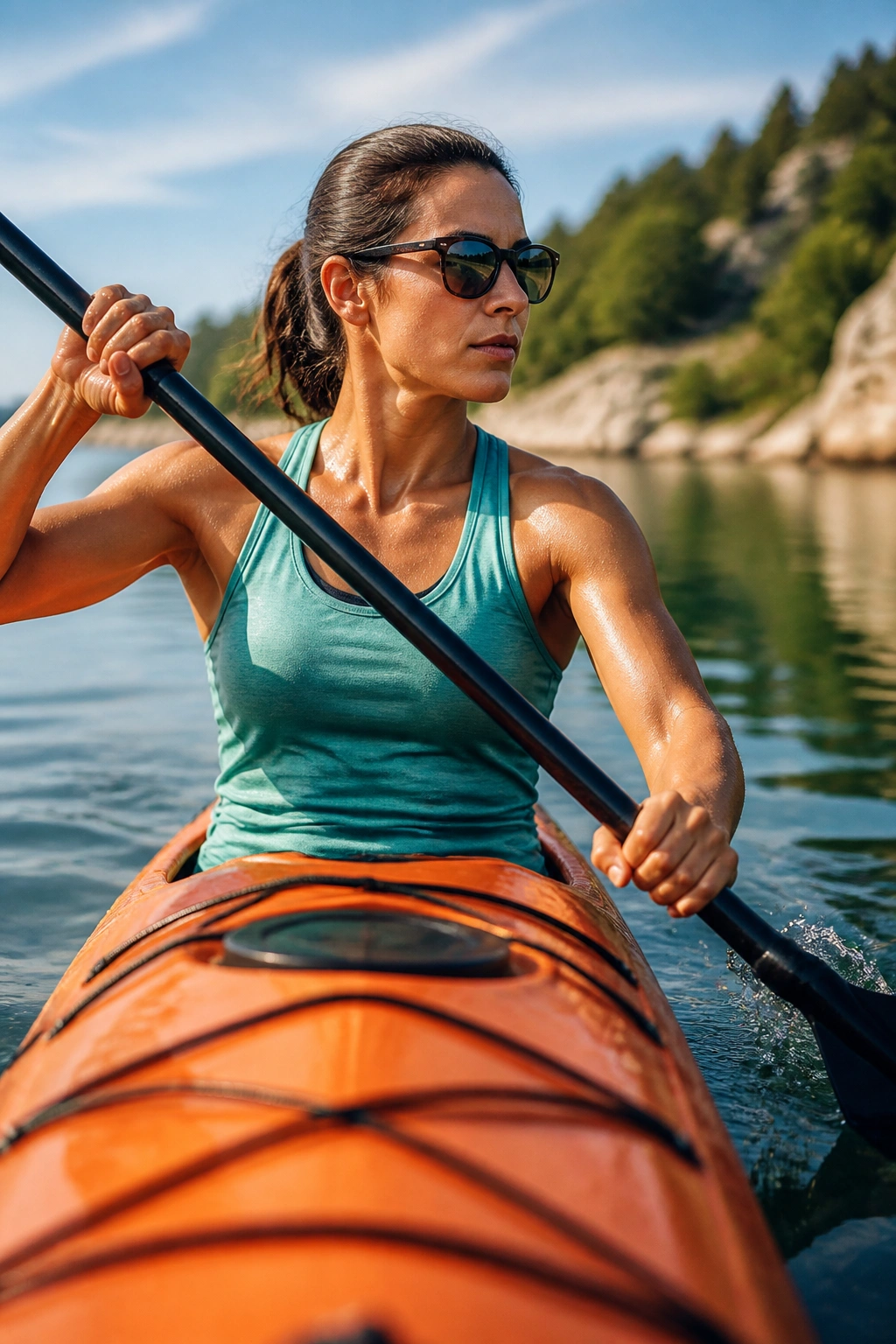 Paddler in a kayak on calm water, cardiovascular workout