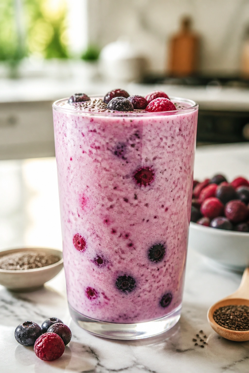 Close-up of kefir smoothie in a glass with berries and chia on a bright counter.