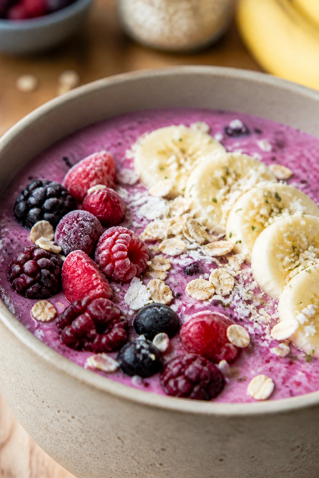 Close-up of thick kefir-based smoothie bowl topped with berries and seeds on kitchen counter