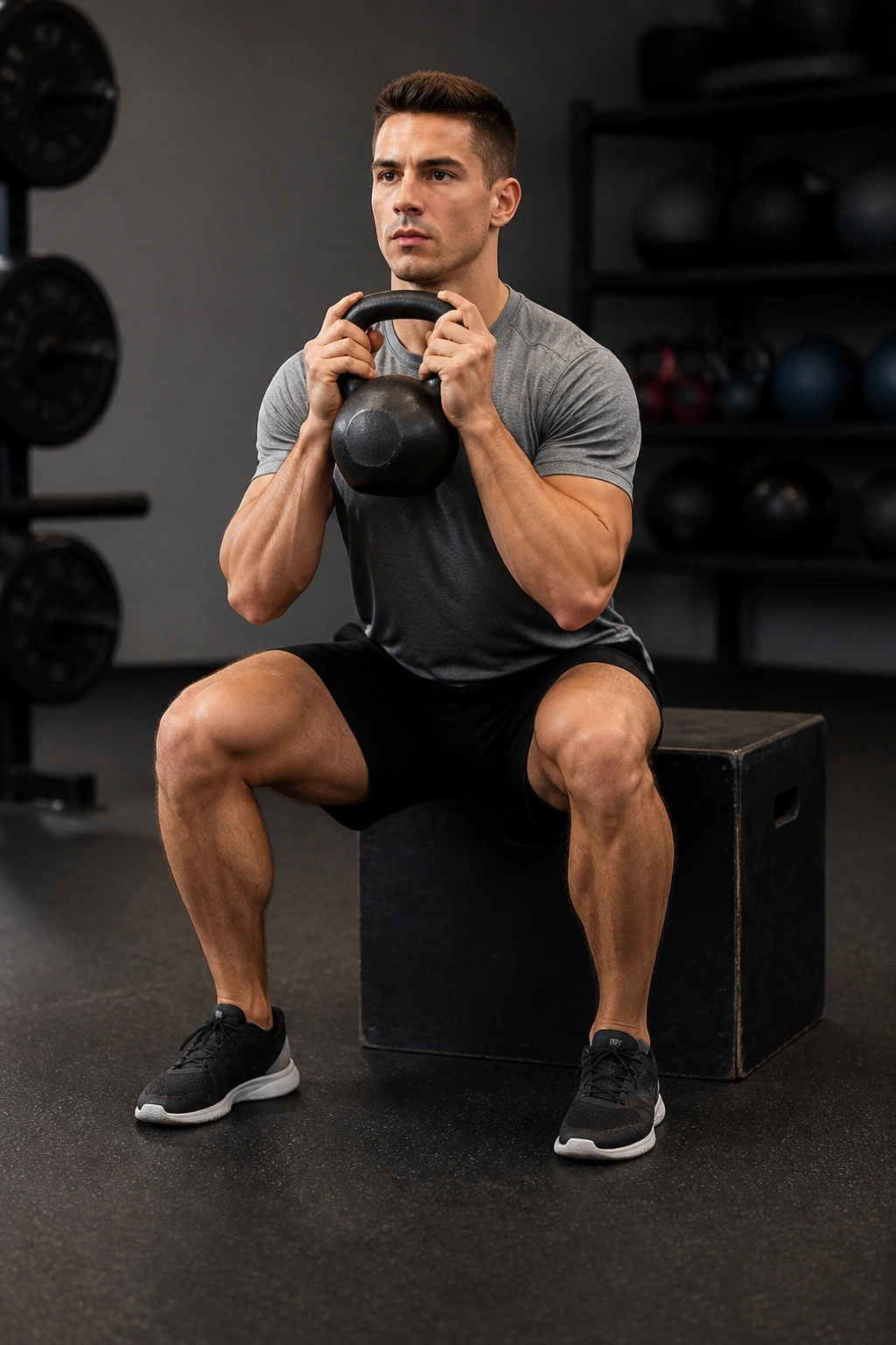 Person performing kettlebell box squat with kettlebell at chest and box behind.