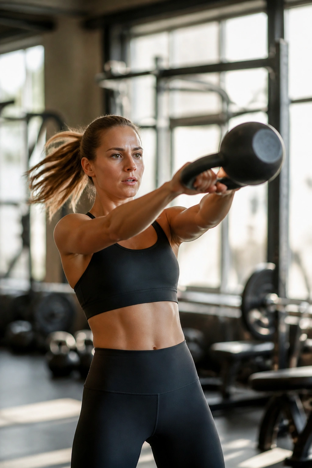 Real person performing kettlebell swing in a gym for cardio endurance