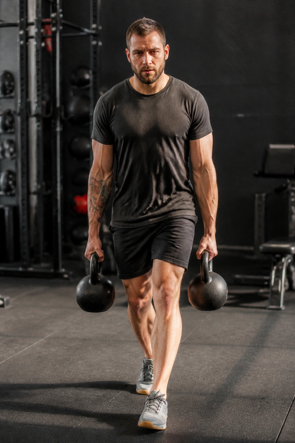 Medium-close shot of a lifter performing a farmer's carry with kettlebells