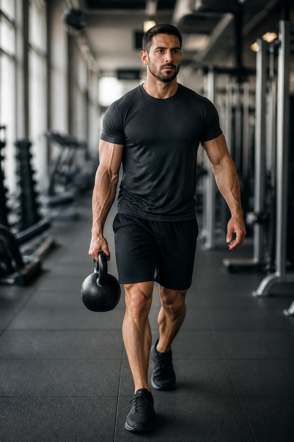 Person carrying a kettlebell during a gym carry circuit, mid-walk shot