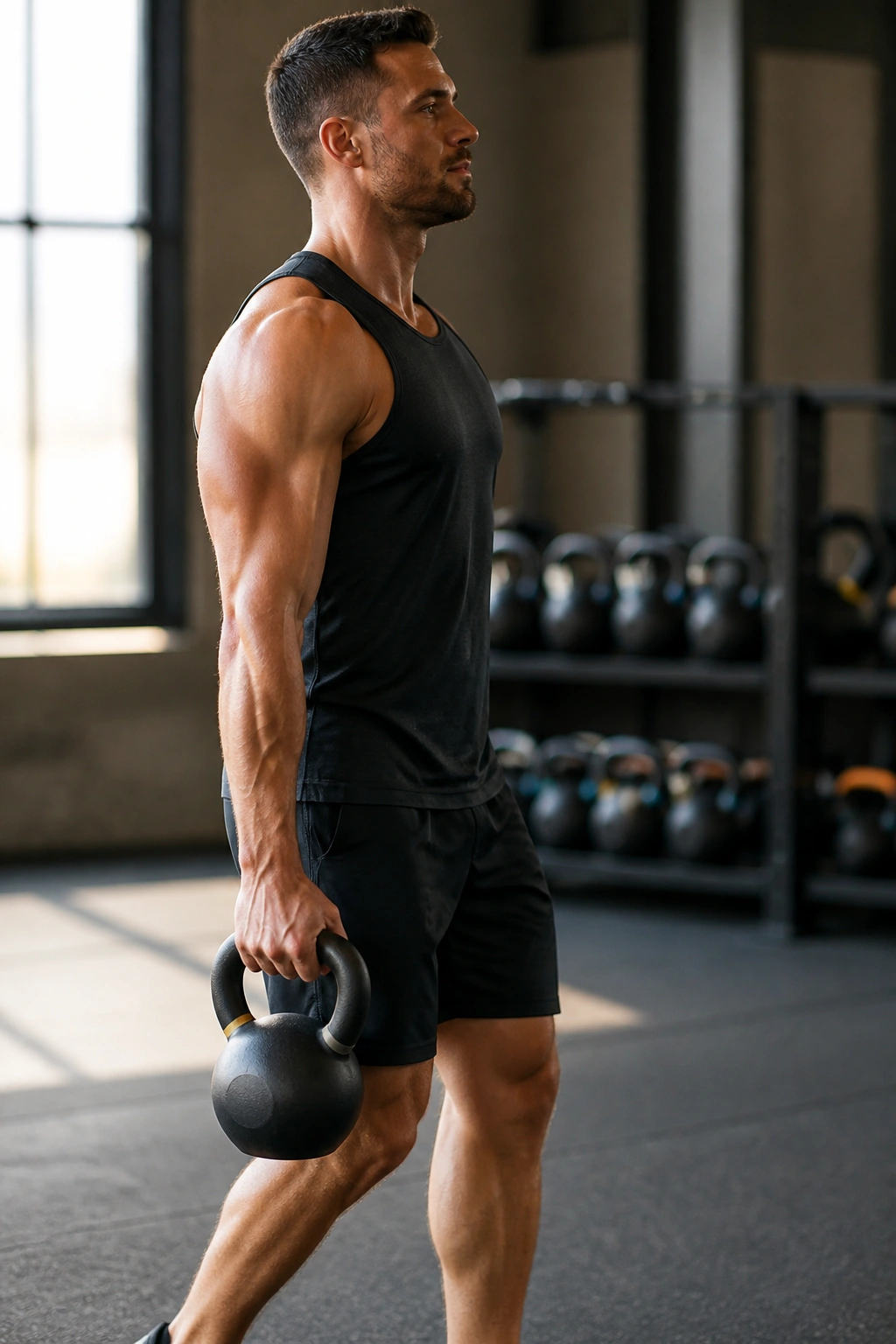 Real person performing Kettlebell Suitcase Carry in a gym, side view with kettlebell at the hip