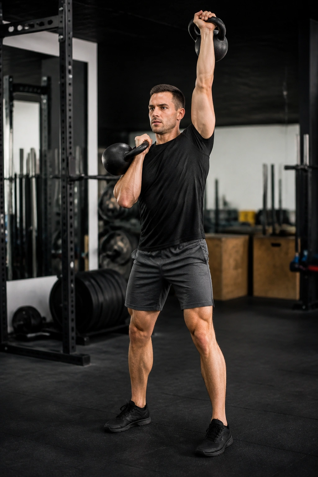 Athlete performing single-arm kettlebell clean and press