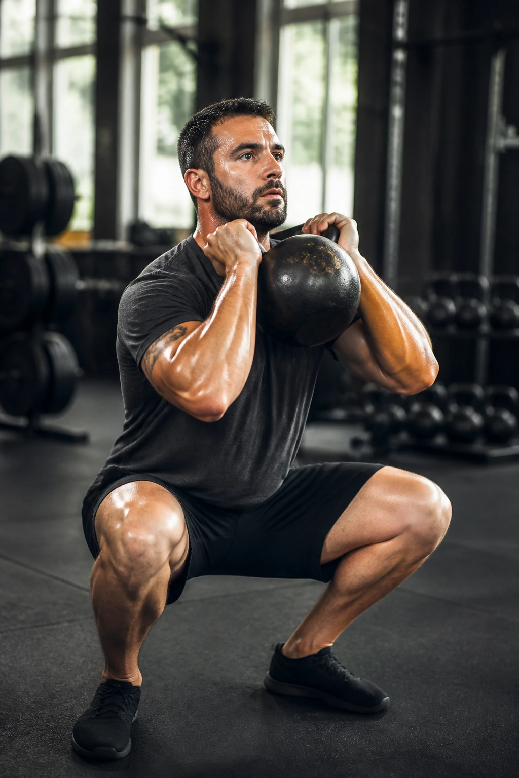 Kettlebell clean-front squat-press complex in motion with a lifter.