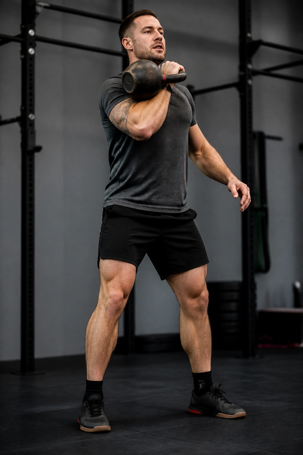 Athlete performing kettlebell clean in gym