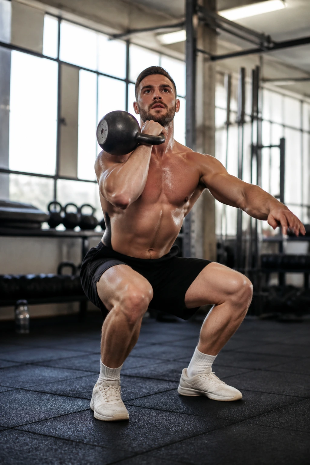 Lifter performing kettlebell clean and press overhead in a pyramid sequence