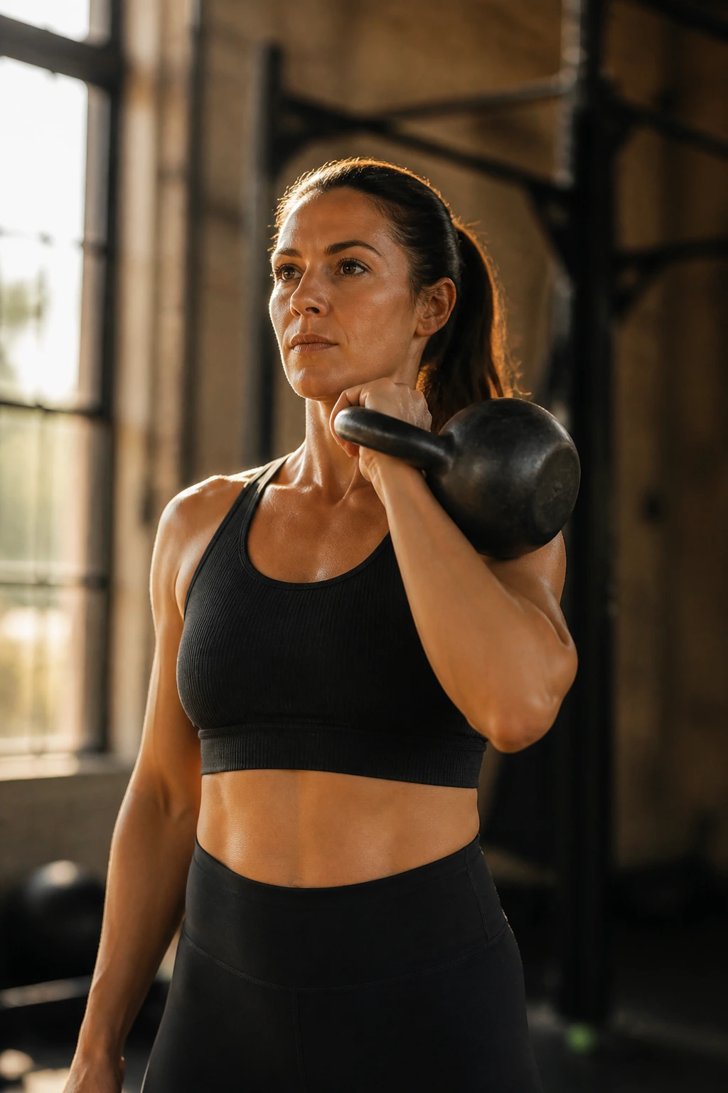 Medium close-up of a person performing kettlebell clean and press in a gym